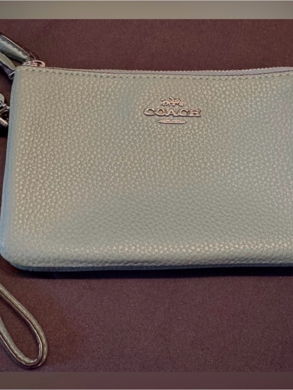 Coach Light Blue Pebbled Leather double zipper Wristlet Clutch